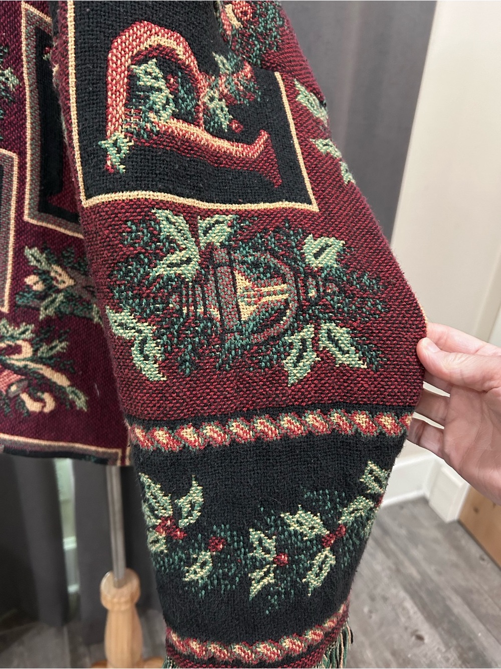 Fringed Tapestry Upcycled Sweater - Burgundy Floral - Picture 7 of 16